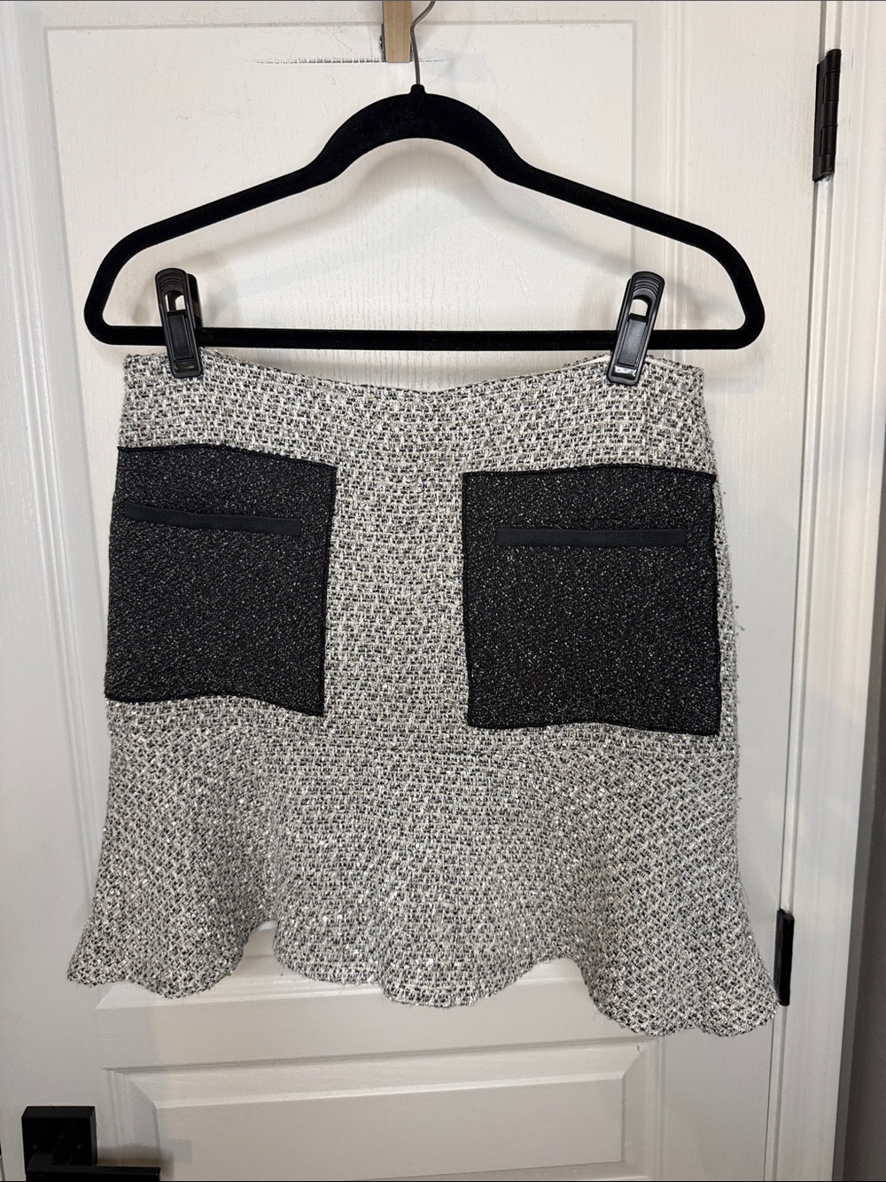 Ann Taylor Black and White Tweed Flared Mini Skirt with Black Patch Pockets